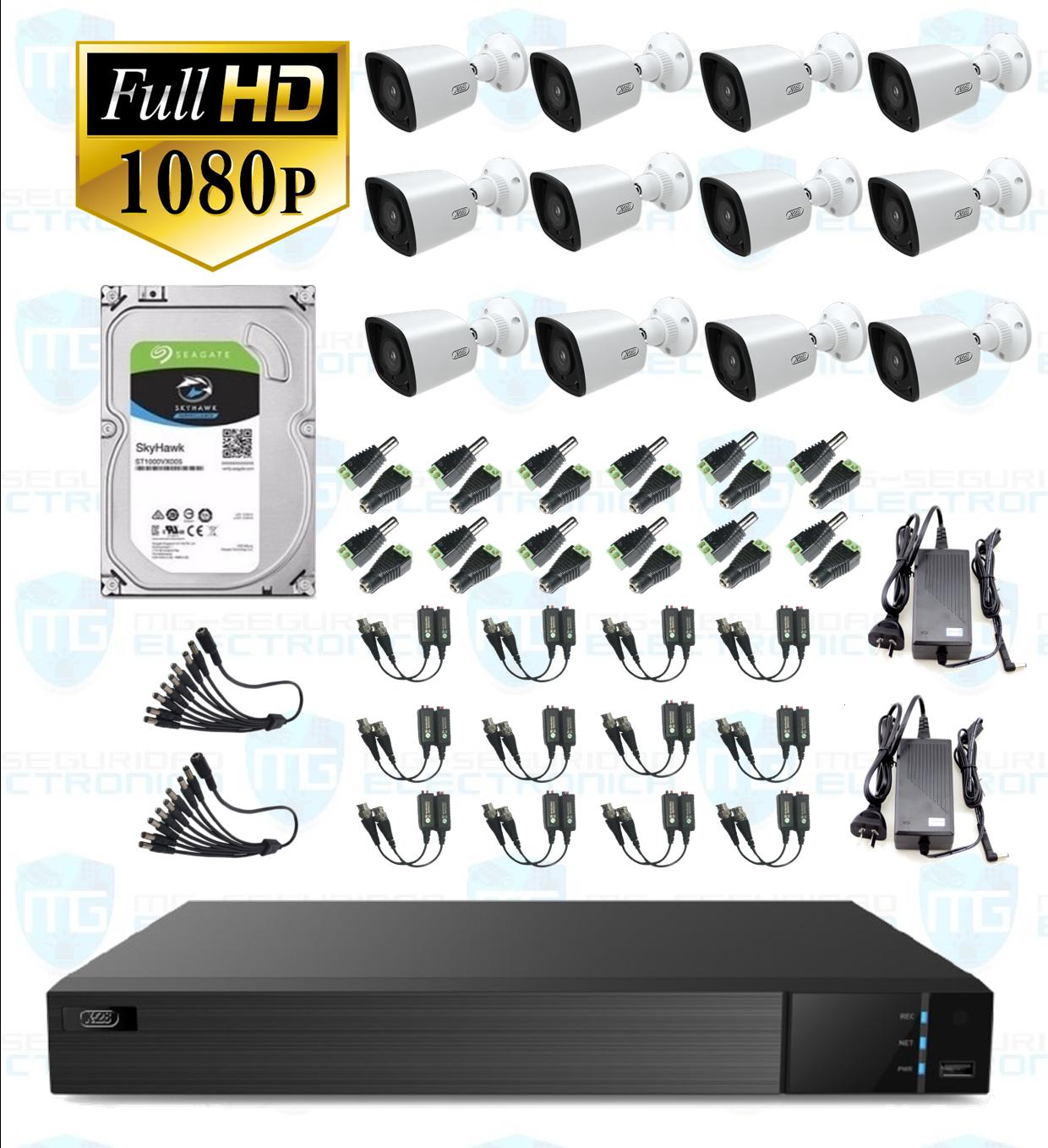 DVR, disco 4 TB, 12 cámaras bullet, balunes, 2 fuentes y conectores.